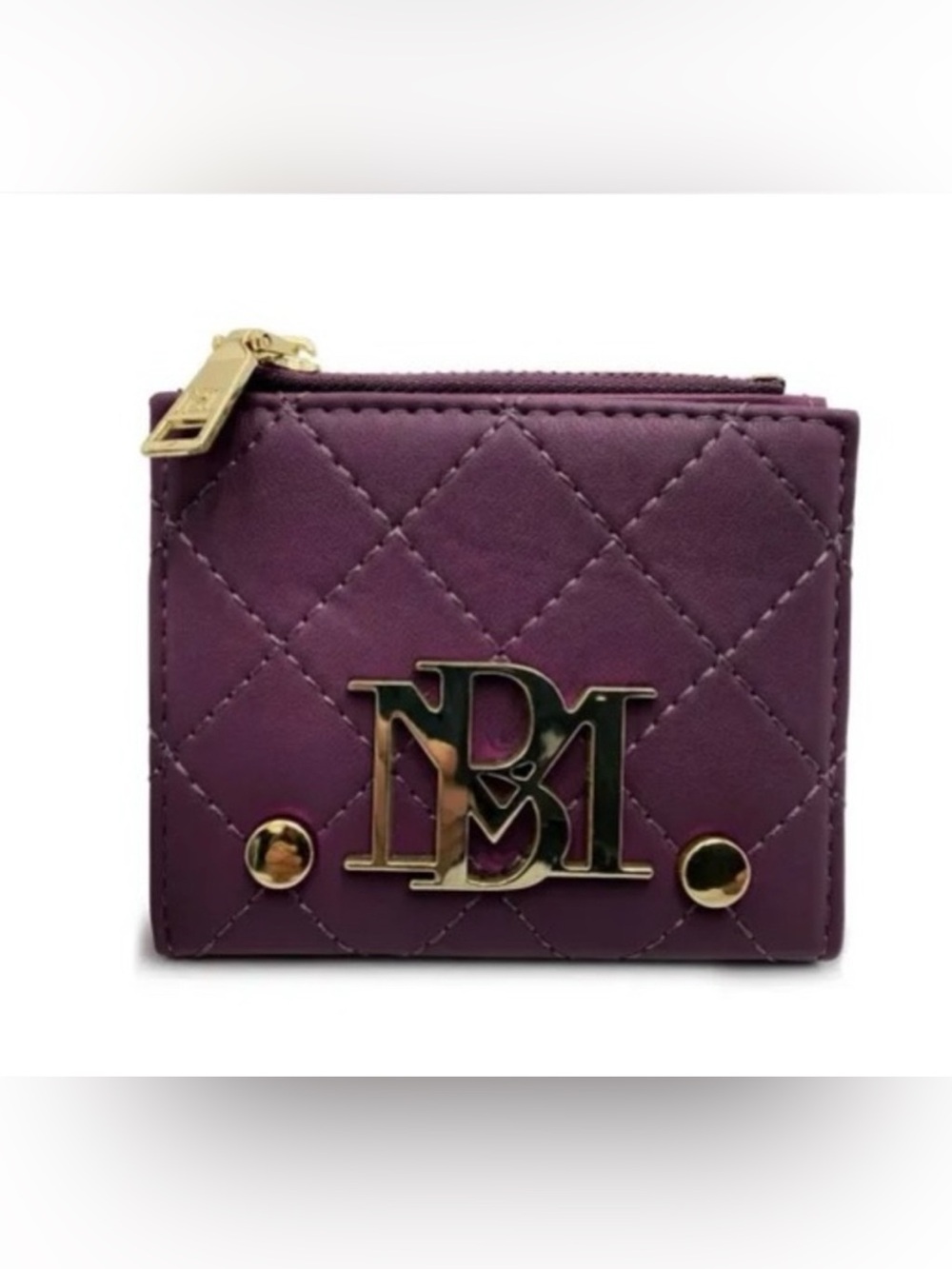Badgley Mischka NWT Plum Vegan Leather Short Card Wallet Quilted Gold Logo New